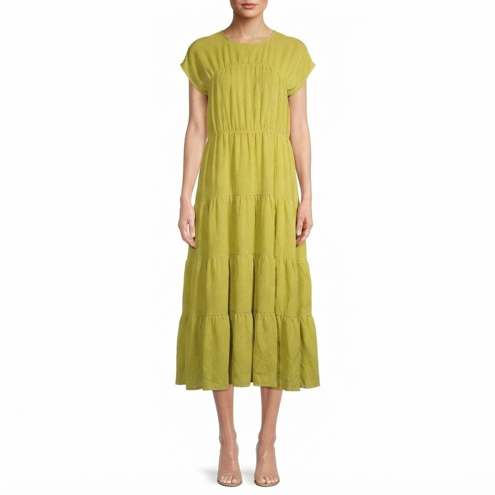 All:row Chartreuse Green Tiered Midi Dress Short Sleeve Textured Boho Womens S